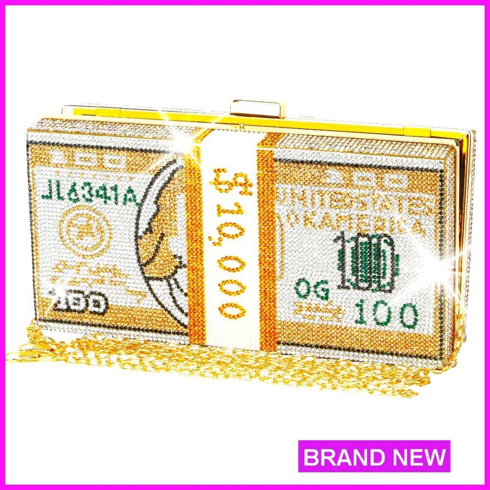 Small Rhinestone Dollar Print Plastic Clutch Shoulder Bag Evening Party